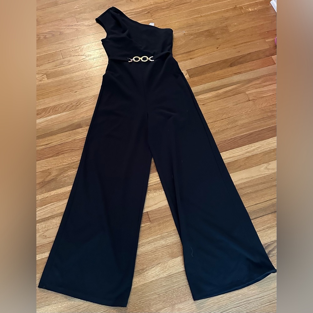 EVENT size SMALL Black one Shoulder Jumpsuit with Gold Detail Rings On Front